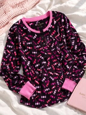 Kate Spade Bow Print Pajama Top Pink Black Long Sleeve Size S